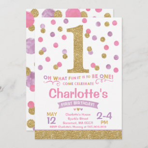 Girl 1st Birthday Invitation Pink & Gold Confetti