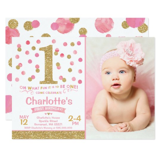 Girl 1st Birthday Invitation Pink & Gold Confetti | Zazzle.co.uk