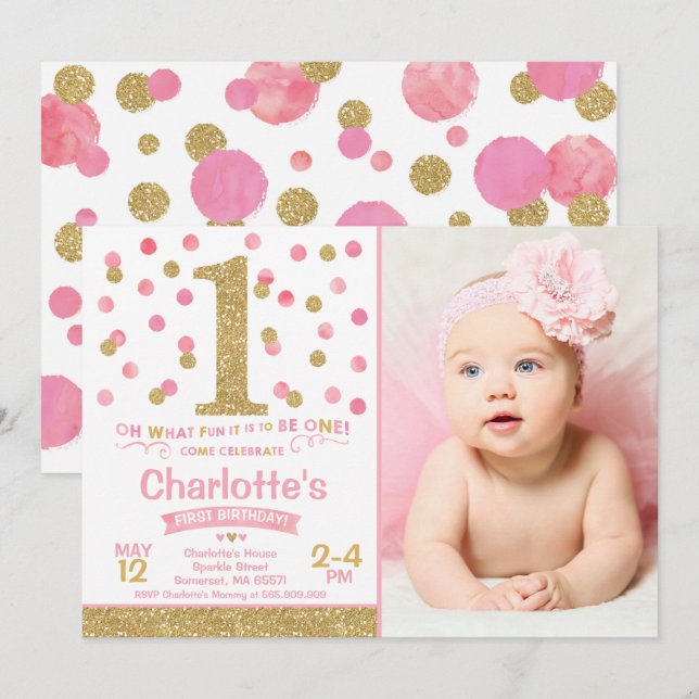 Girl 1st Birthday Invitation Pink & Gold Confetti (Front/Back)