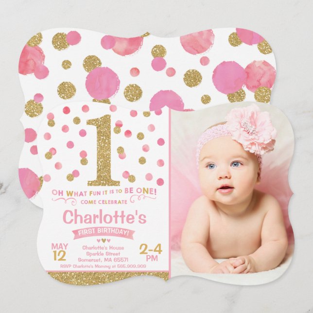 Girl 1st Birthday Invitation Pink & Gold Confetti (Front/Back)