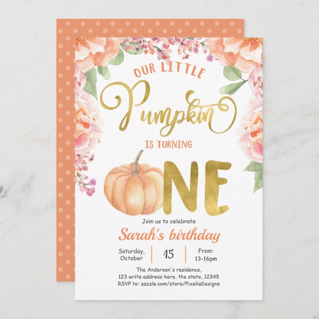 Girl 1st birthday, Little Pumpkin Autumn First Invitation (Front/Back)
