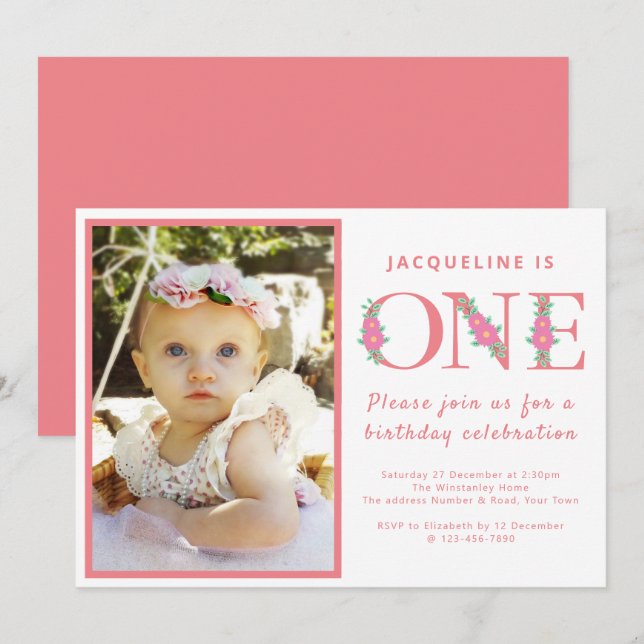 Girl 1st Birthday Party Pink Photo Invitation (Front/Back)