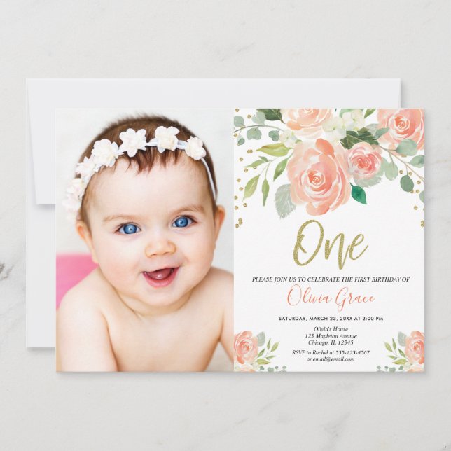 Girl 1st birthday peach gold watercolors invitation (Front)
