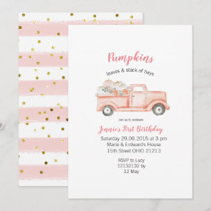 Girl 1st Birthday Pink Pumpkin Truck Birthday Invitation
