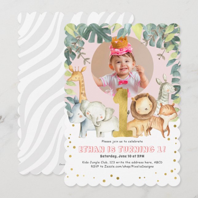 Girl 1st Birthday Safari Jungle animals pink photo Invitation (Front/Back)
