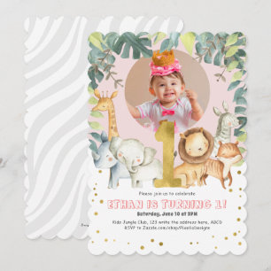 Girl 1st Birthday Safari Jungle animals pink photo Invitation