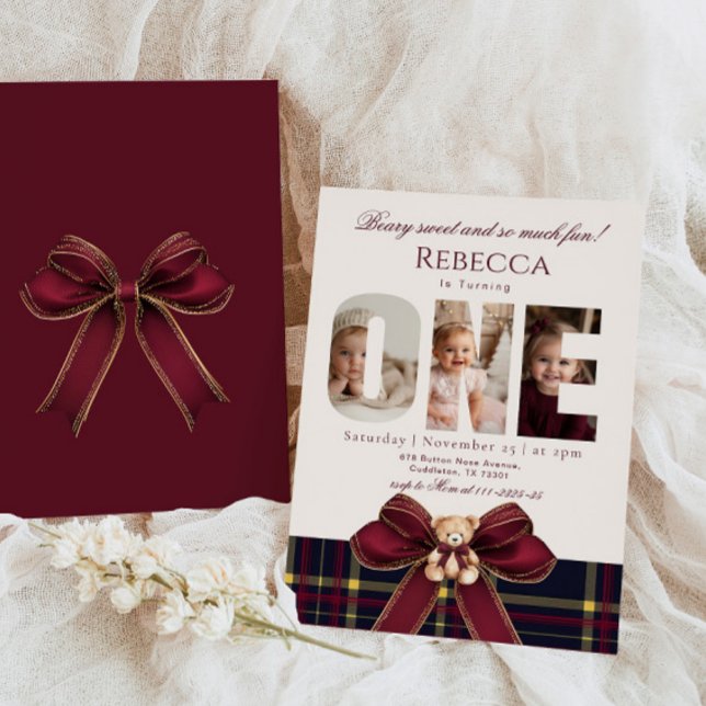 Girl 1st Birthday Teddy Bear Photo Winter Invitation (Creator Uploaded)