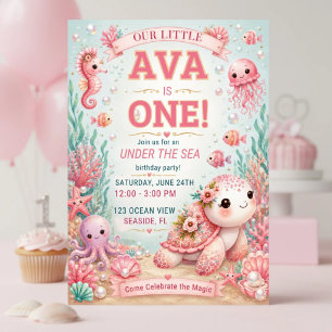 Girl 1st Birthday Under the Sea Turtle Invitation