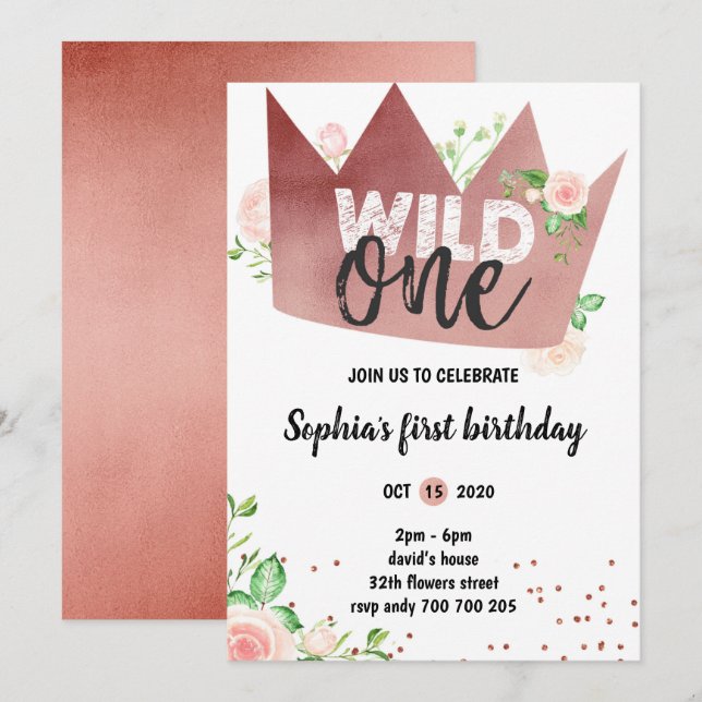 Girl 1st Birthday WILD ONE Rose Gold Foil Crown Invitation (Front/Back)