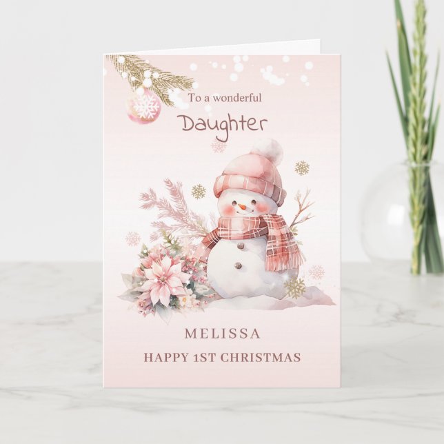 Girl 1st Christmas Pink Snowman Holiday Card (Front)