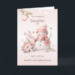 Girl 1st Christmas Pink Snowman Holiday Card<br><div class="desc">Christmas card with pink little snow girl,  bauble and poinsettia</div>