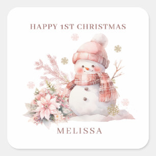 Girl 1st Christmas Pink Snowman Square Sticker