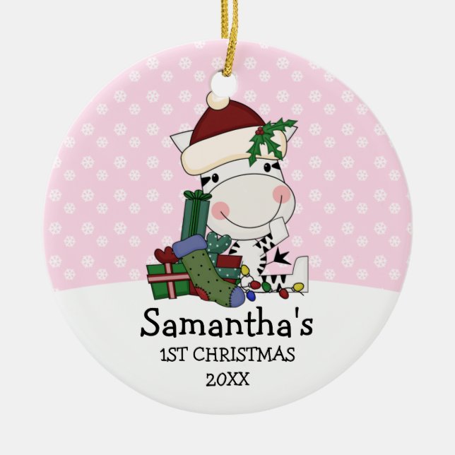 Girl 1st Christmas Santa Zebra Personalised Ceramic Tree Decoration (Front)