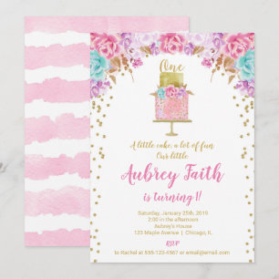 Girl 1st first birthday party cake pink gold invitation