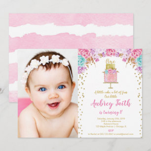 Girl 1st first birthday pink gold cake photo invitation