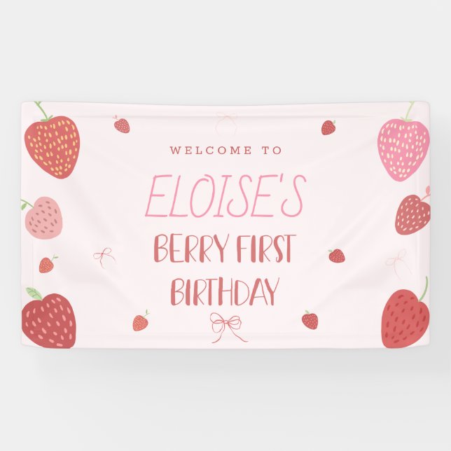 Girl 1st Strawberry Berry First Birthday Banner (Horizontal)