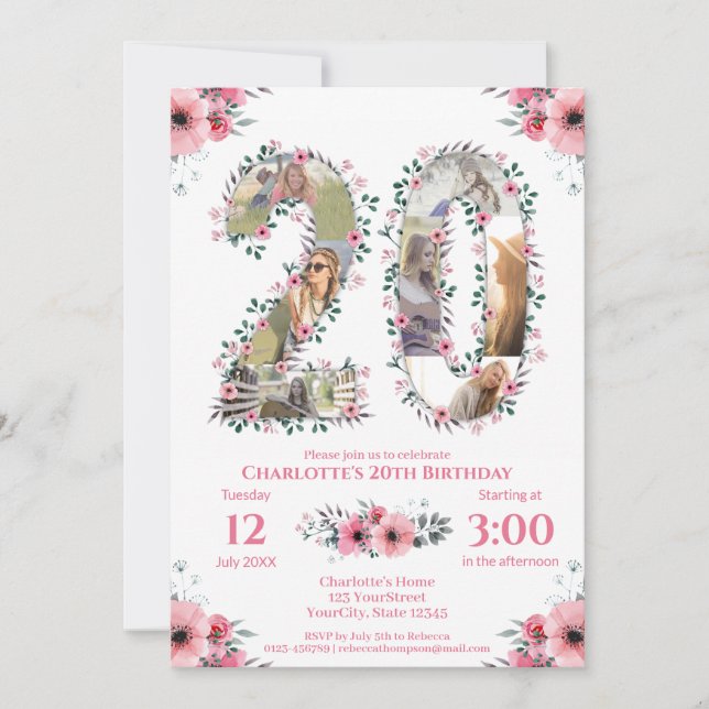 Girl 20th Birthday Photo Collage Pink Flower White Invitation (Front)