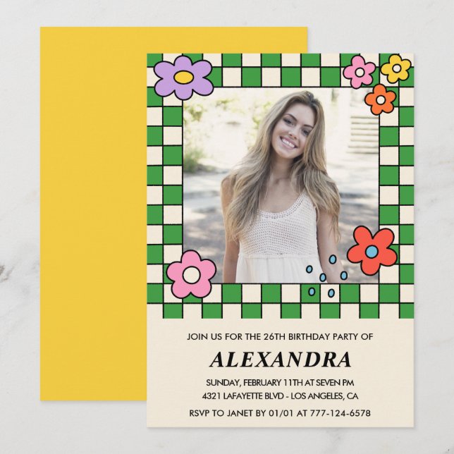 Girl 26th birthday invitation Retro Groovy Floral (Front/Back)