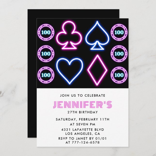 Girl 27th birthday invitations Casino theme Poker (Front/Back)