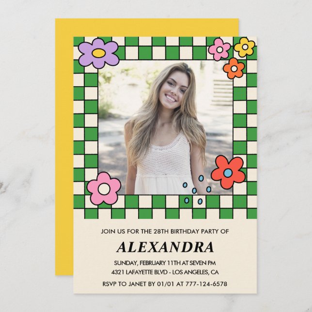 Girl 28th birthday invitation Retro Groovy Floral (Front/Back)