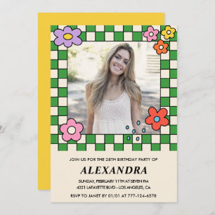 Girl 28th birthday invitation Retro Groovy Floral