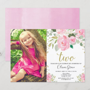Girl 2nd birthday blush pink gold floral elegant invitation