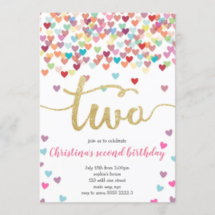 Girl 2nd Birthday Hearts Confetti Rainbow Glitter Invitation