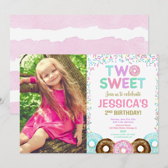 Girl 2nd birthday party, doughnut sprinkles Two sw Invitation (Front/Back)