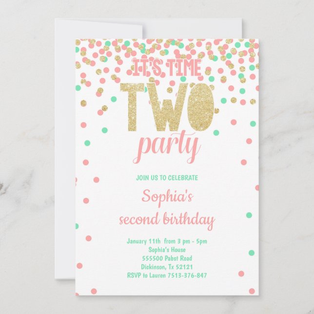 Girl 2nd Birthday TWO PARTY Confetti Teal Pink Invitation (Front)