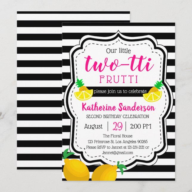 Girl 2nd Birthday Two Sweet Twotti Frutti Tropical Invitation (Front/Back)