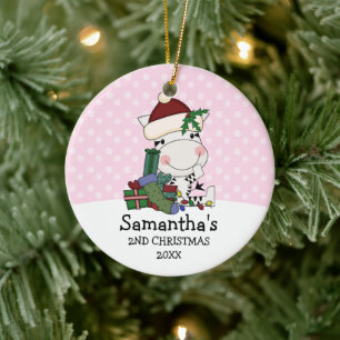 Girl 2nd Christmas Santa Zebra Personalised Ceramic Tree Decoration