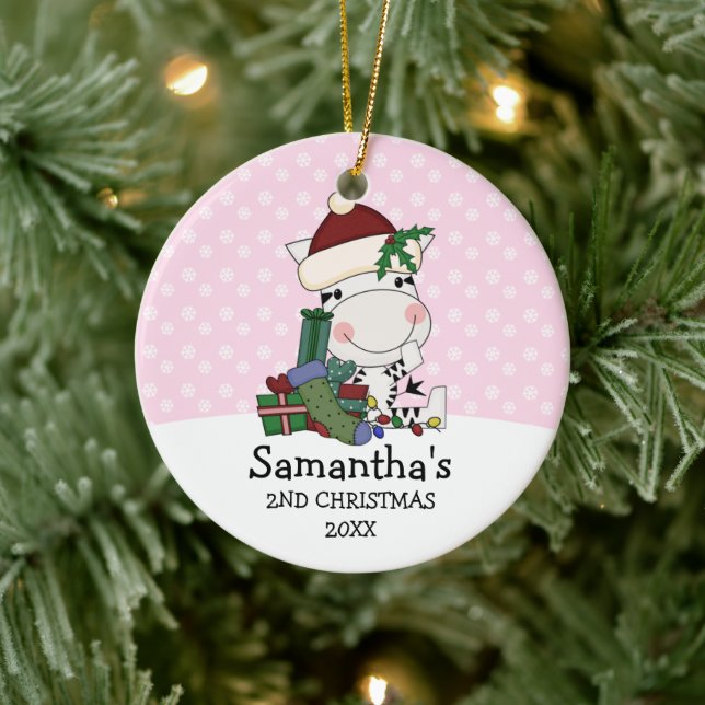 Girl 2nd Christmas Santa Zebra Personalised Ceramic Tree Decoration (Tree)