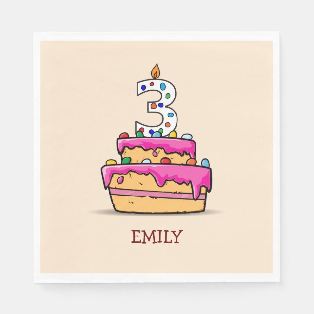 Girl 3rd Birthday, 3 on Sweet Pink Cake Napkin (Front)