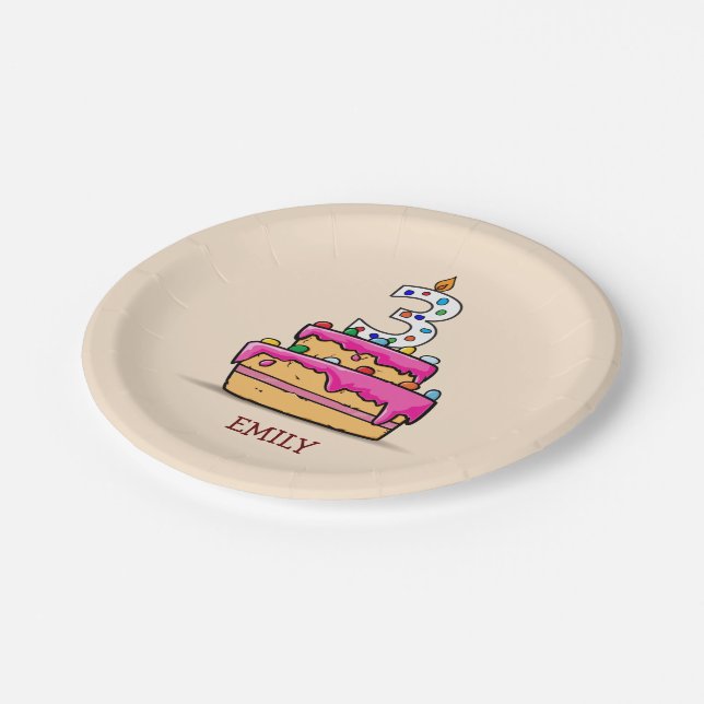 Girl 3rd Birthday, 3 on Sweet Pink Cake Paper Plate (Angled)