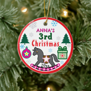 Girl 3rd Christmas PHOTO Pink Grey Horse Ceramic Tree Decoration