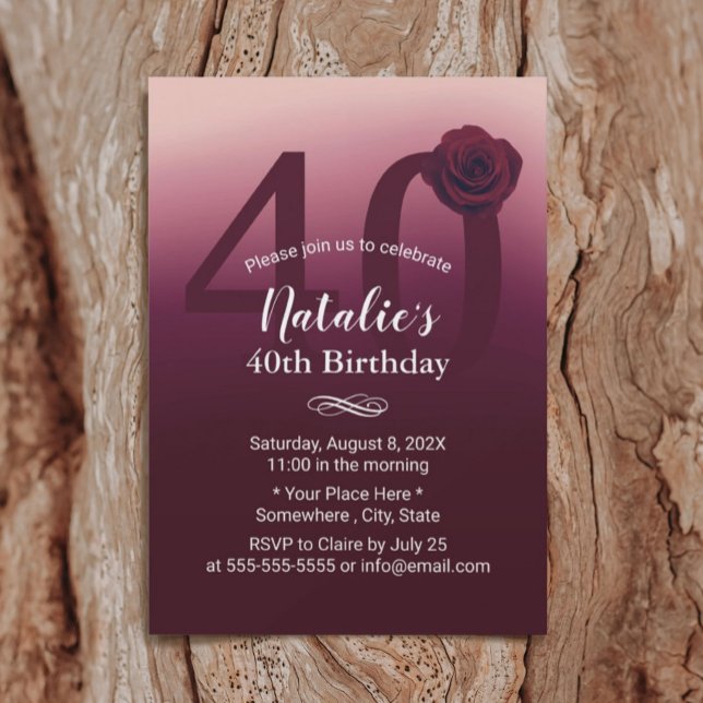 Girl 40th Birthday Party Elegant Burgundy Ombre Invitation (Creator Uploaded)