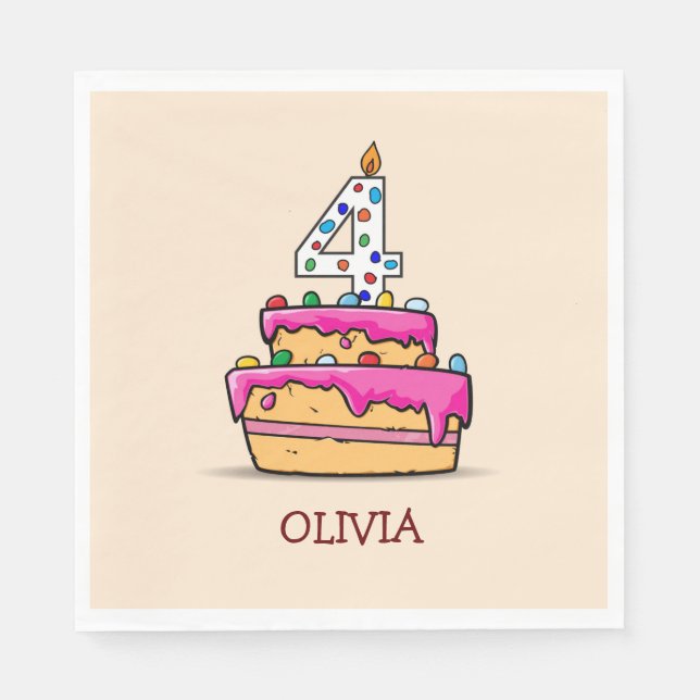 Girl 4th Birthday, 4 on Sweet Pink Cake Napkin (Front)