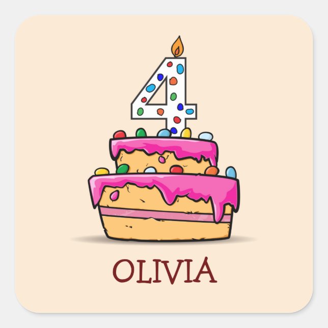 Girl 4th Birthday, 4 on Sweet Pink Cake Square Sticker (Front)