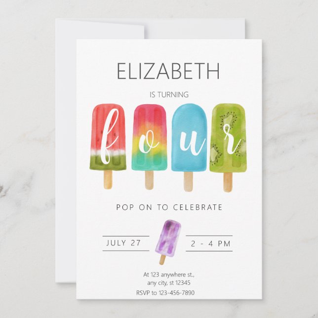 Girl 4th Birthday Popsicle Summer Party Invitation (Front)