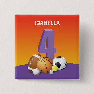 Girl 4th Birthday Sports Balls 15 Cm Square Badge