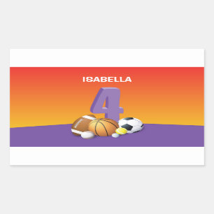 Girl 4th Birthday Sports Balls Rectangular Sticker