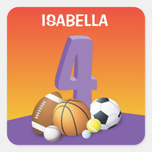 Girl 4th Birthday Sports Balls Square Sticker