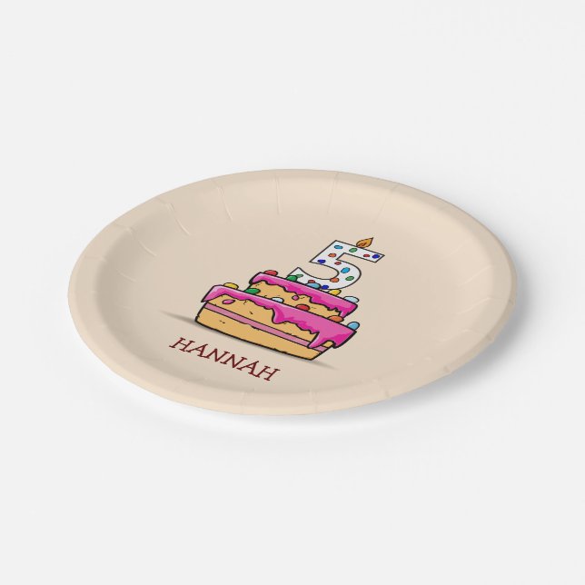 Girl 5th Birthday, 5 on Sweet Pink Cake Paper Plate (Angled)