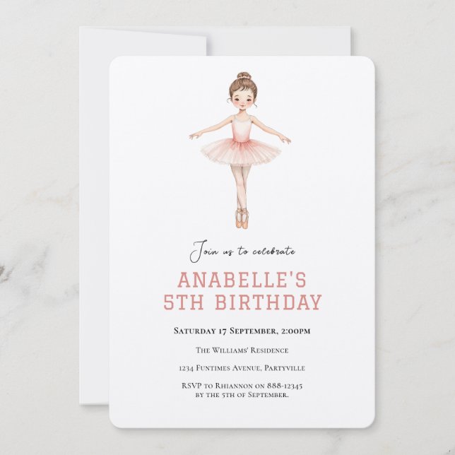 Girl 5th birthday ballet  invitation (Front)