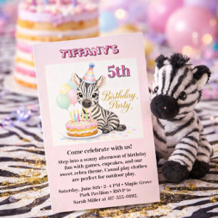 Girl 5th Birthday Party with Zebra Invitation