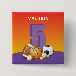 Girl 5th Birthday Sports Balls 15 Cm Square Badge