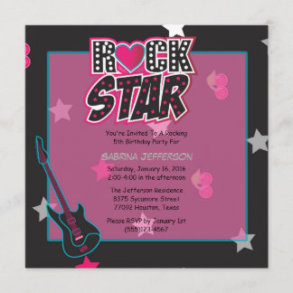 Girl 5x5 Pink Rock Star Birthday Party Invitation