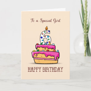Girl 6th Birthday, 6 on Sweet Pink Cake Card