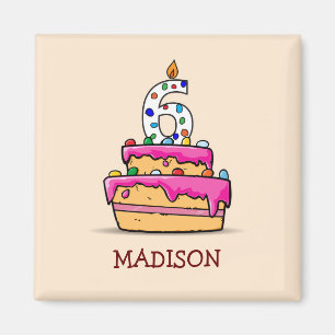 Girl 6th Birthday, 6 on Sweet Pink Cake Magnet