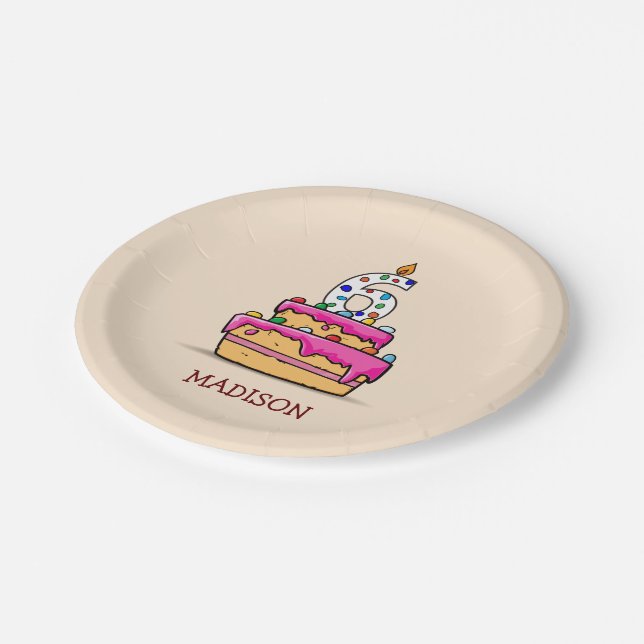Girl 6th Birthday, 6 on Sweet Pink Cake Paper Plate (Angled)